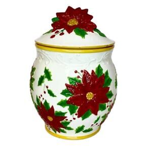 1970s Vintage Majolica Americana Christmas Poinsettia Canister